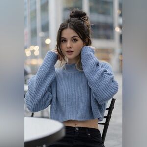 Coldwater Creek 100% Cotton Denim Blue Ribbed Knit Crewneck Cropped Sweater